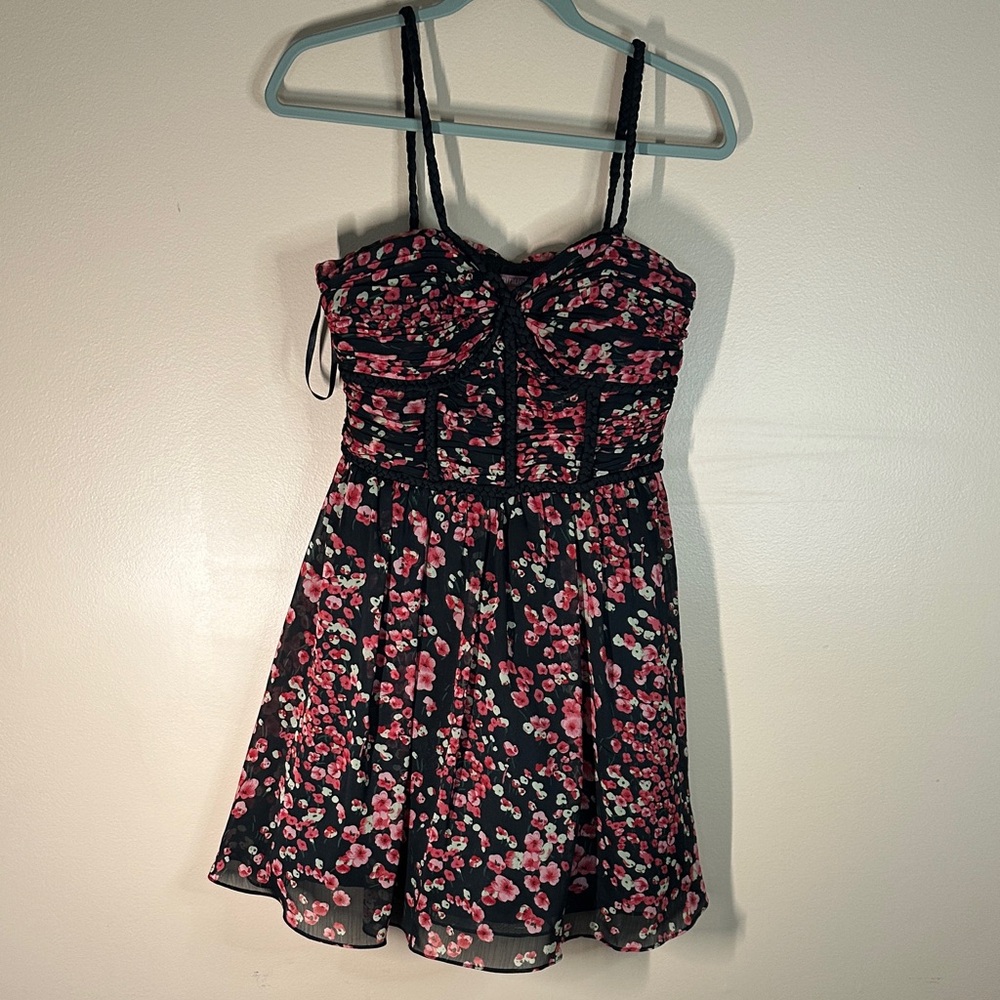 Minuet Petite Black Dress with Pink Floral Accents